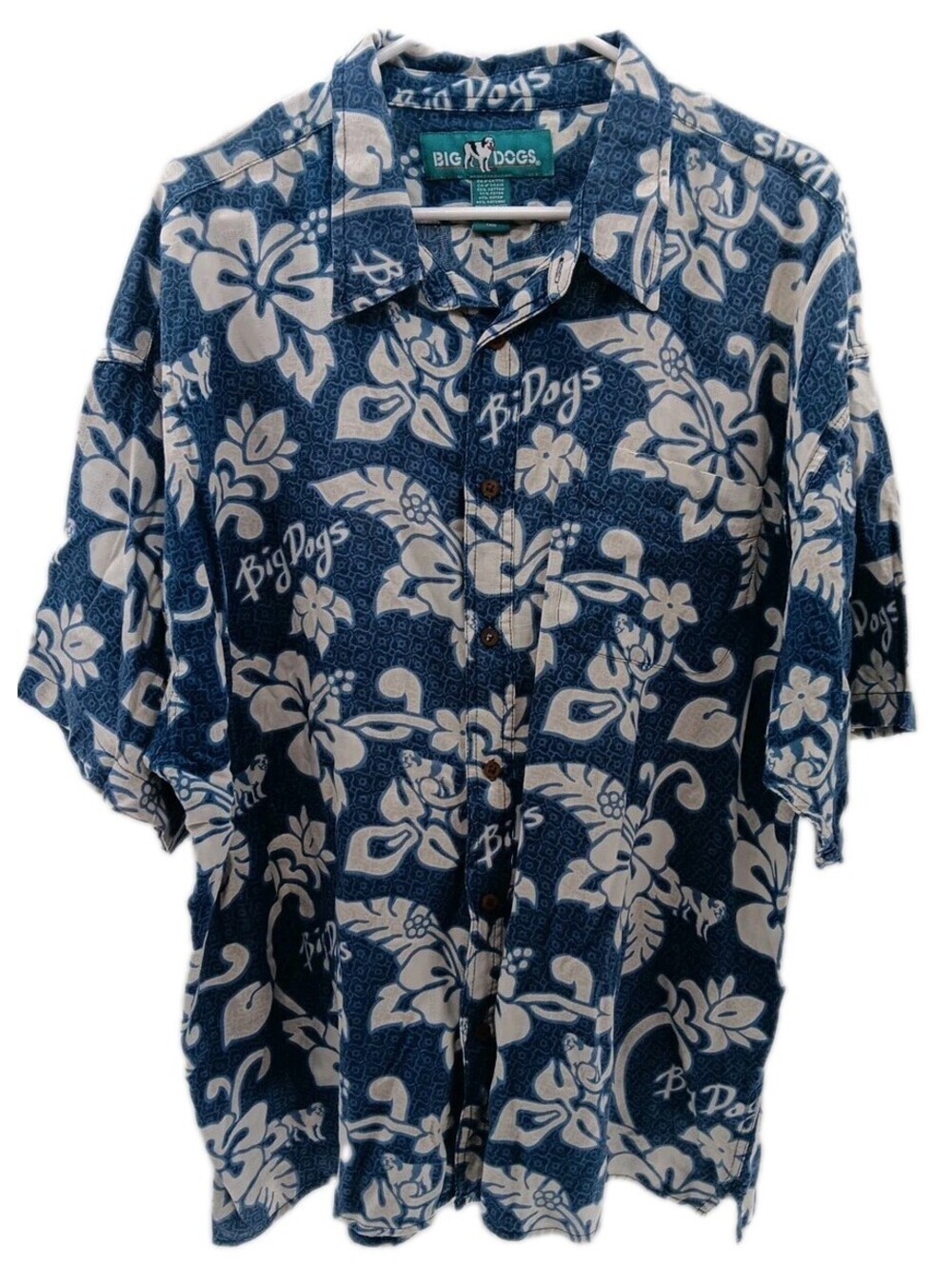 Big Dogs Shirt Men's XL Blue Hawaiian Floral Casual Button Down Tropical Beach
